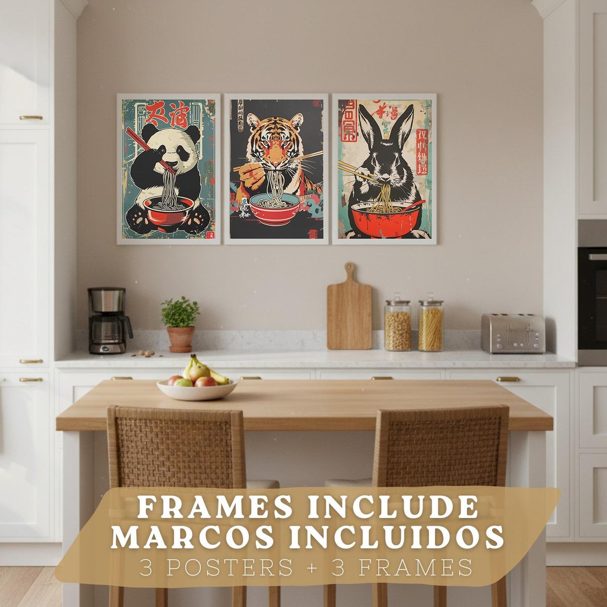 POSTER 3er Set Japanische Ramen Tier-Wandbilder Panda Tiger und Hase Nudeln Vintage Küche Wanddeko Weißer Rahmen A3 - Weiß, Papier (29.7/1/42cm) - Nacnic