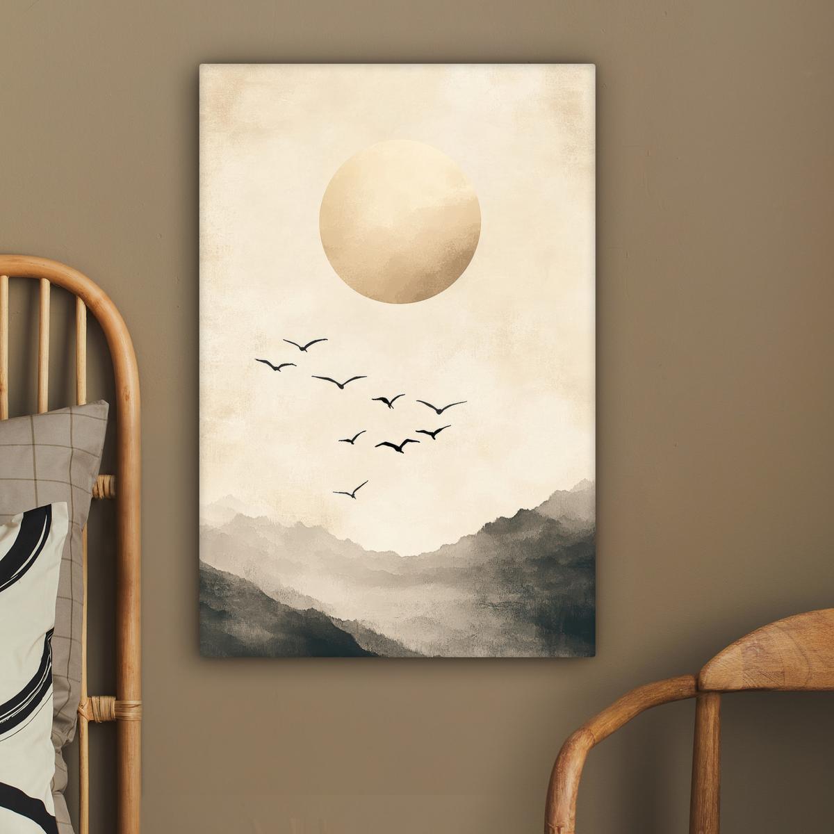 LEINWANDBILD Landschaft - Japandi - Vogel Wanddeko 40x60 cm - Beige, Textil (40/60cm) - MuchoWow