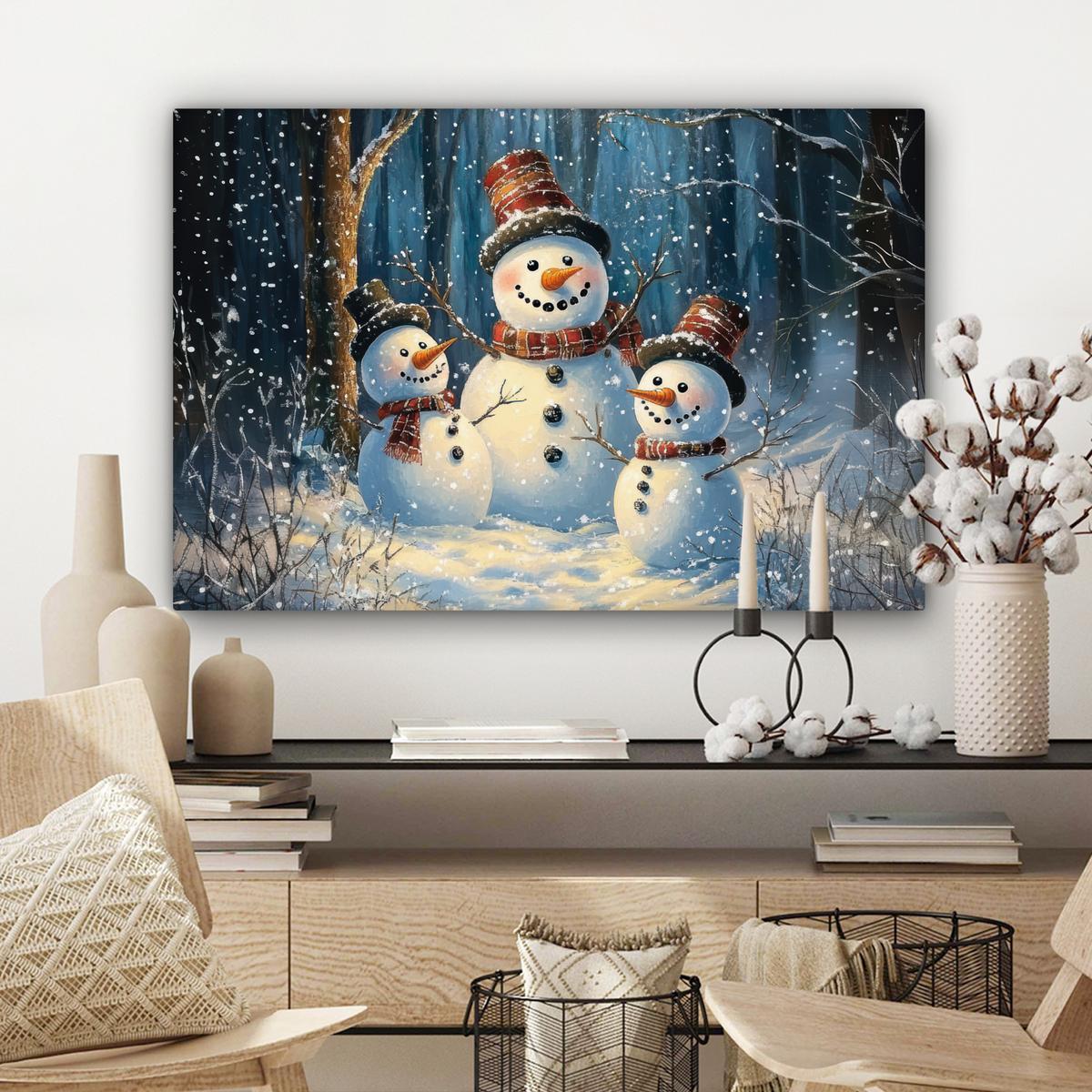 LEINWANDBILD Schneemann - Schnee - Winter - Wald Wanddeko 90x60 cm - Hellblau, Textil (90/60cm) - MuchoWow
