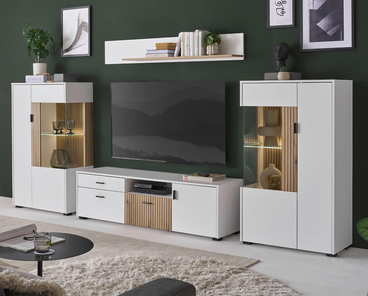 WOHNWAND 4-teilig weiß matt, Eiche 320 cm, Wohnkombination mit viel Stauraum und Soft-Close - Eichefarben/Schwarz, Glas/Holzwerkstoff (320/180/42cm) - Furn.Design
