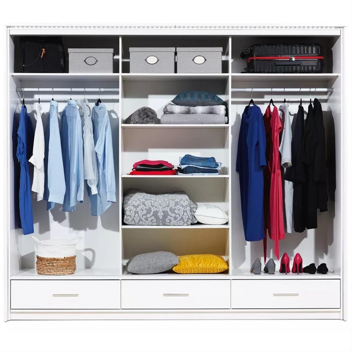 SCHWEBETÜRENSCHRANK Marsylia mit Spiegel und Schubladen, Weiß, 255 cm - Weiß Hochglanz/Weiß, Holzwerkstoff (255/225/61cm) - Beautysofa