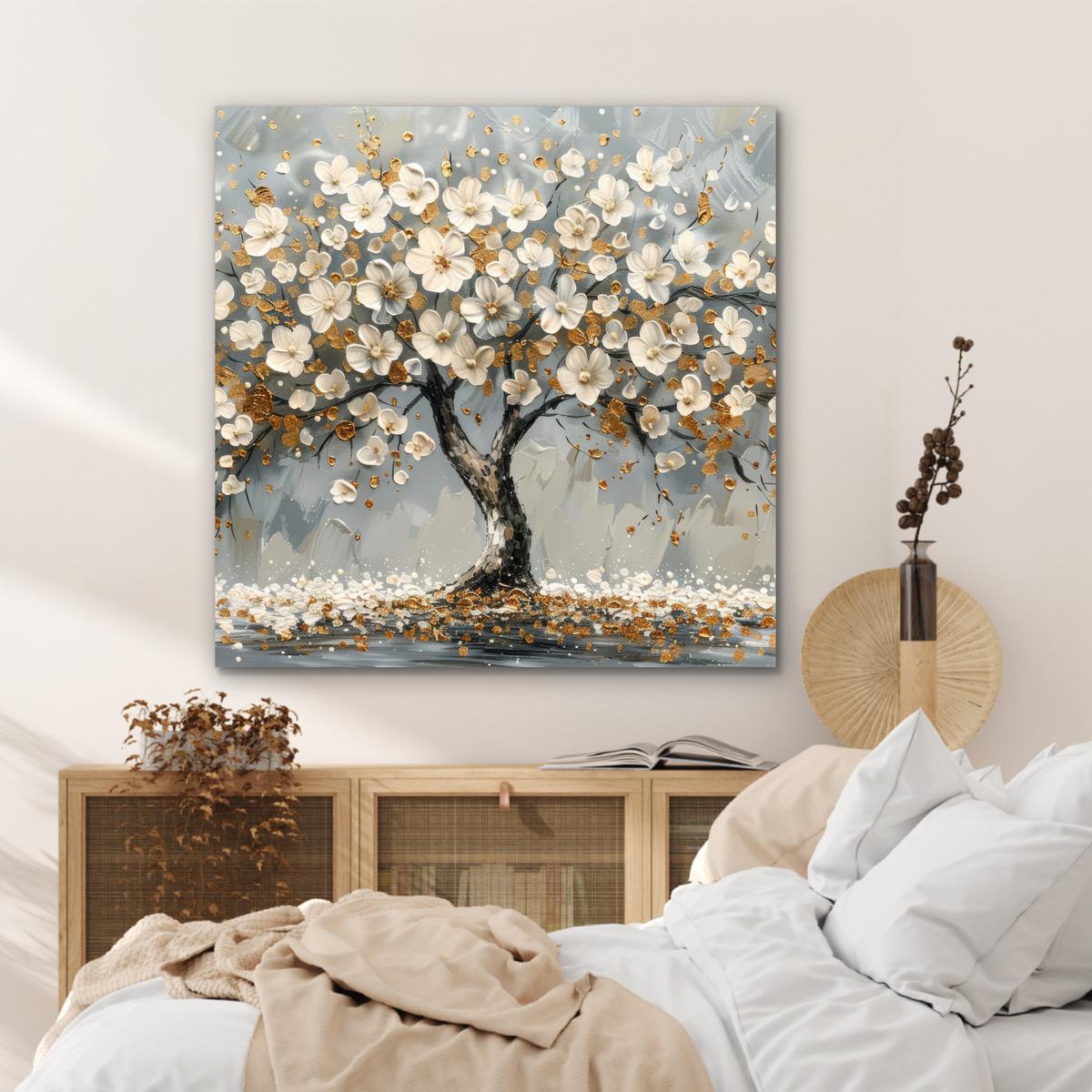 METALLBILD Baum - Blumen - Weiß - Natur - Kunst 90x90 cm - Weiß, Metall (90/90cm) - MuchoWow