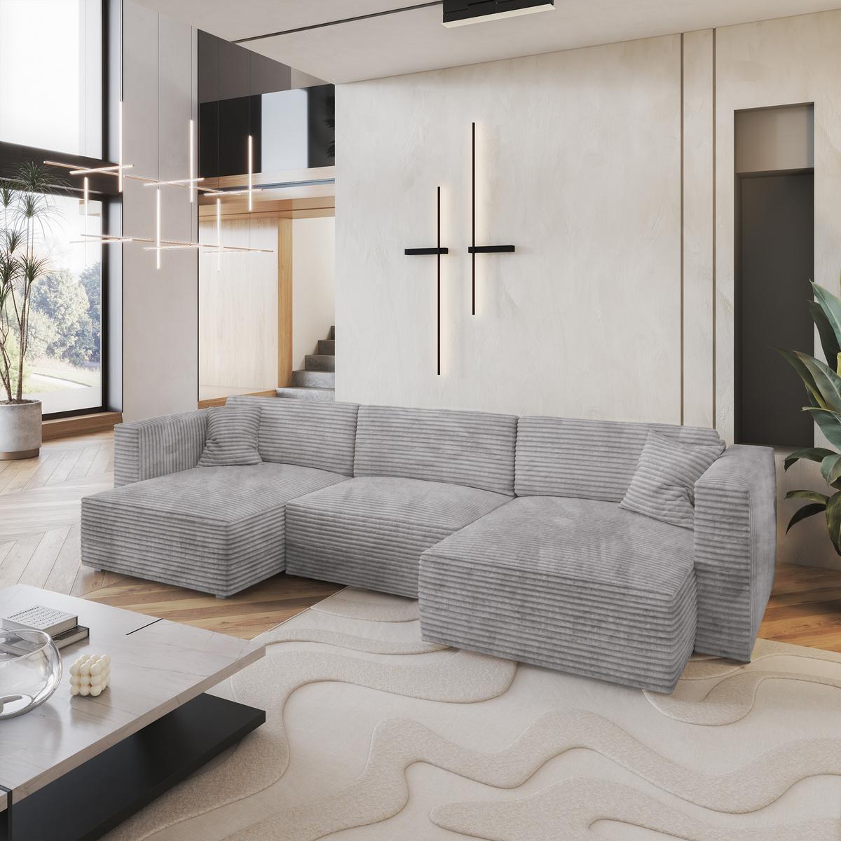 WOHNLANDSCHAFT SARMO Hellgrau Kordstoff mit Schlaffunktion - Hellgrau/Grau, Holz/Kunststoff (347/90/148cm) - MASSENO