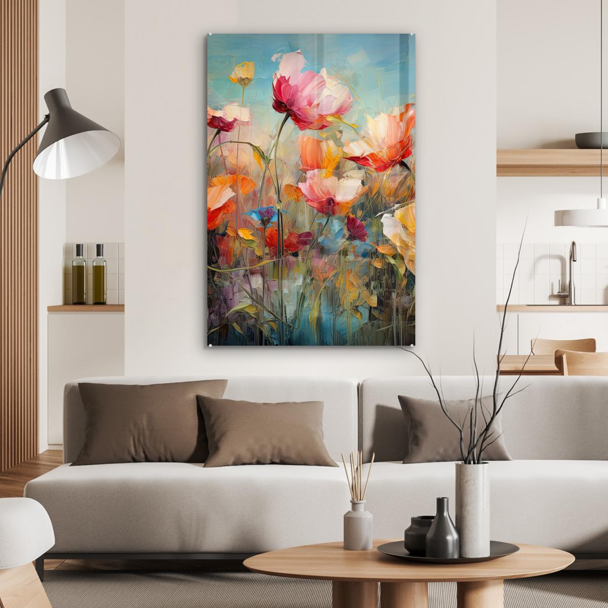 ACRYLGLASBILD Blumen - Aquarell - Kunst - Botanisch - Natur 80x120 cm - Orange, Glas (80/120cm) - MuchoWow