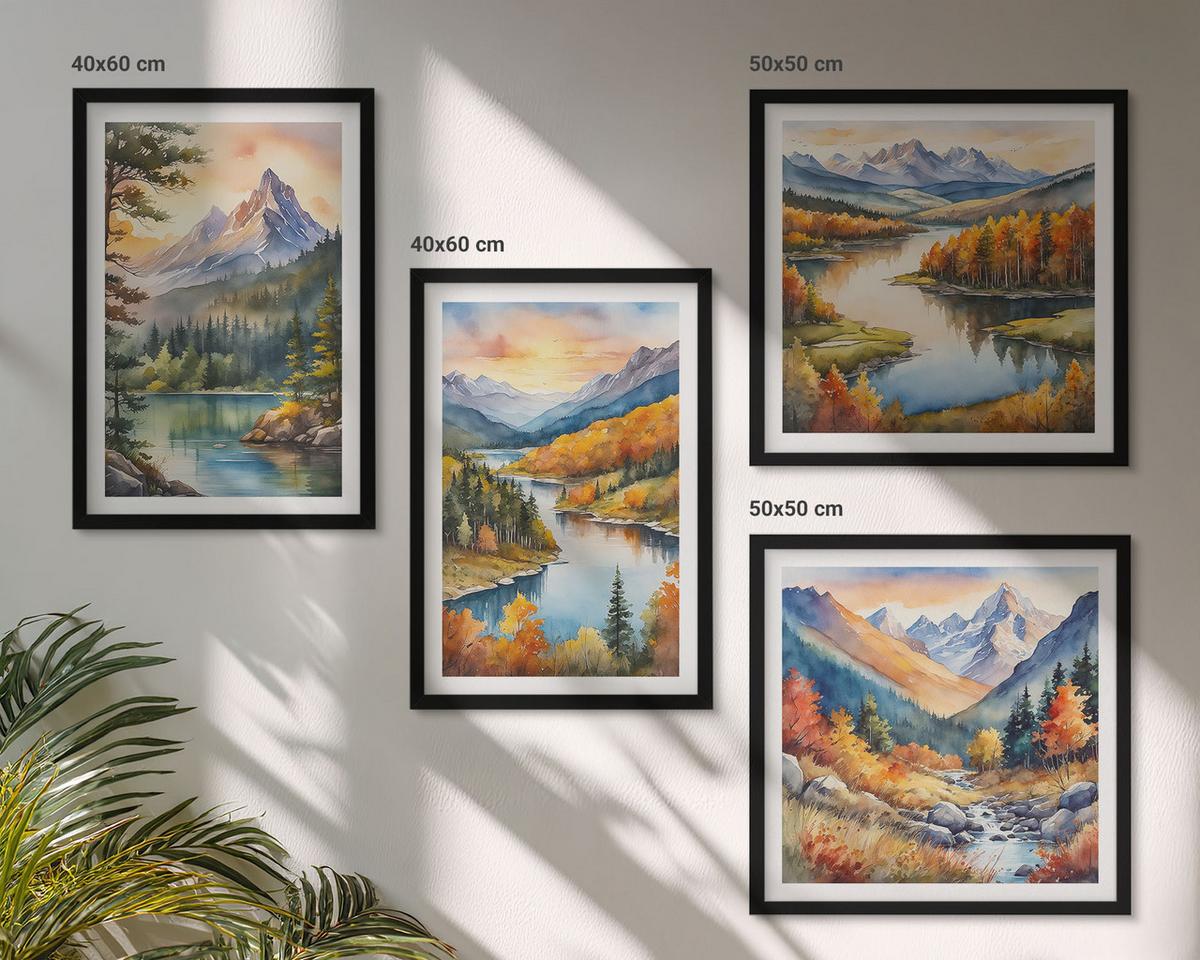 BILDER SET 4er Set - 50x50 cm & 40x60 cm Schwarzer Rahmen - Berglandschaften mit einem Fluss - Schwarz, Kunststoff (50/50cm) - TULUP