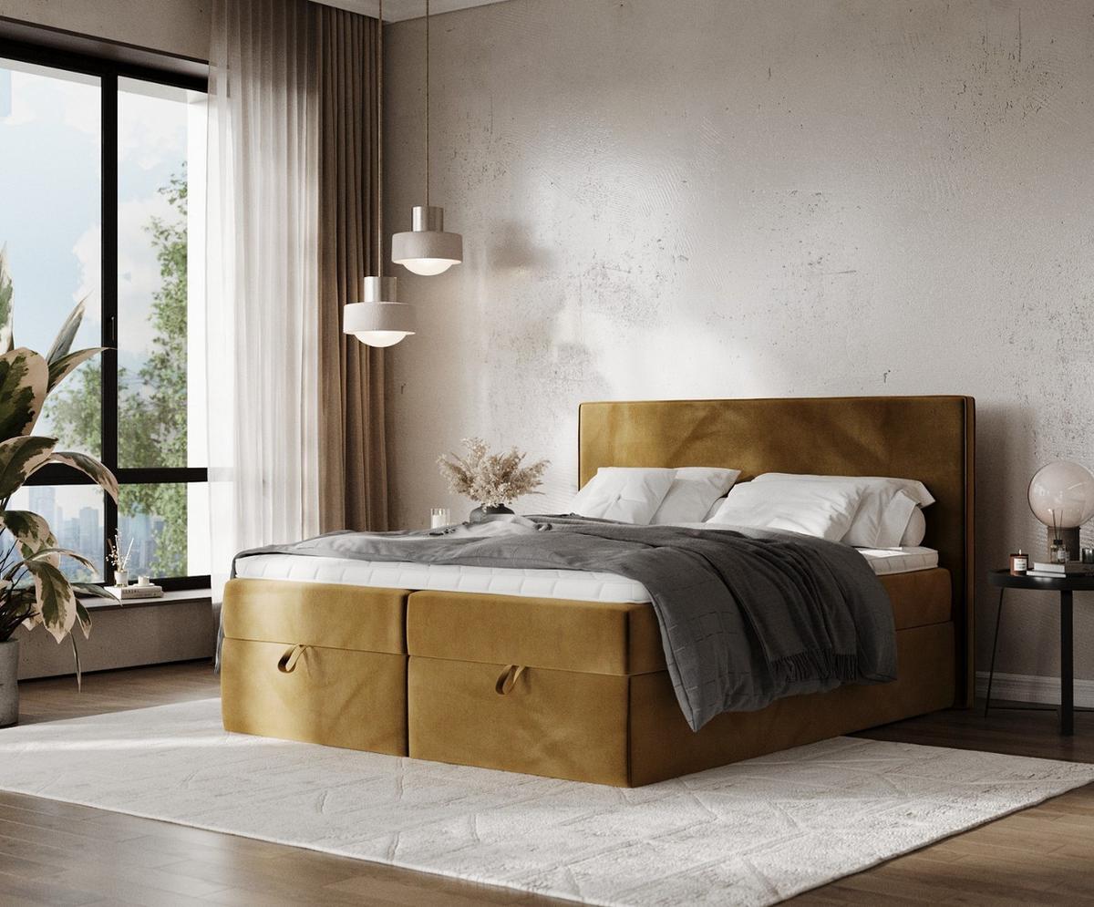 BOXBETT Velma 180/200 cm Honiggelb im Kronos Stoff - Schwarz/Honig, Holz/Holzwerkstoff (180/200cm) - AltaBeds
