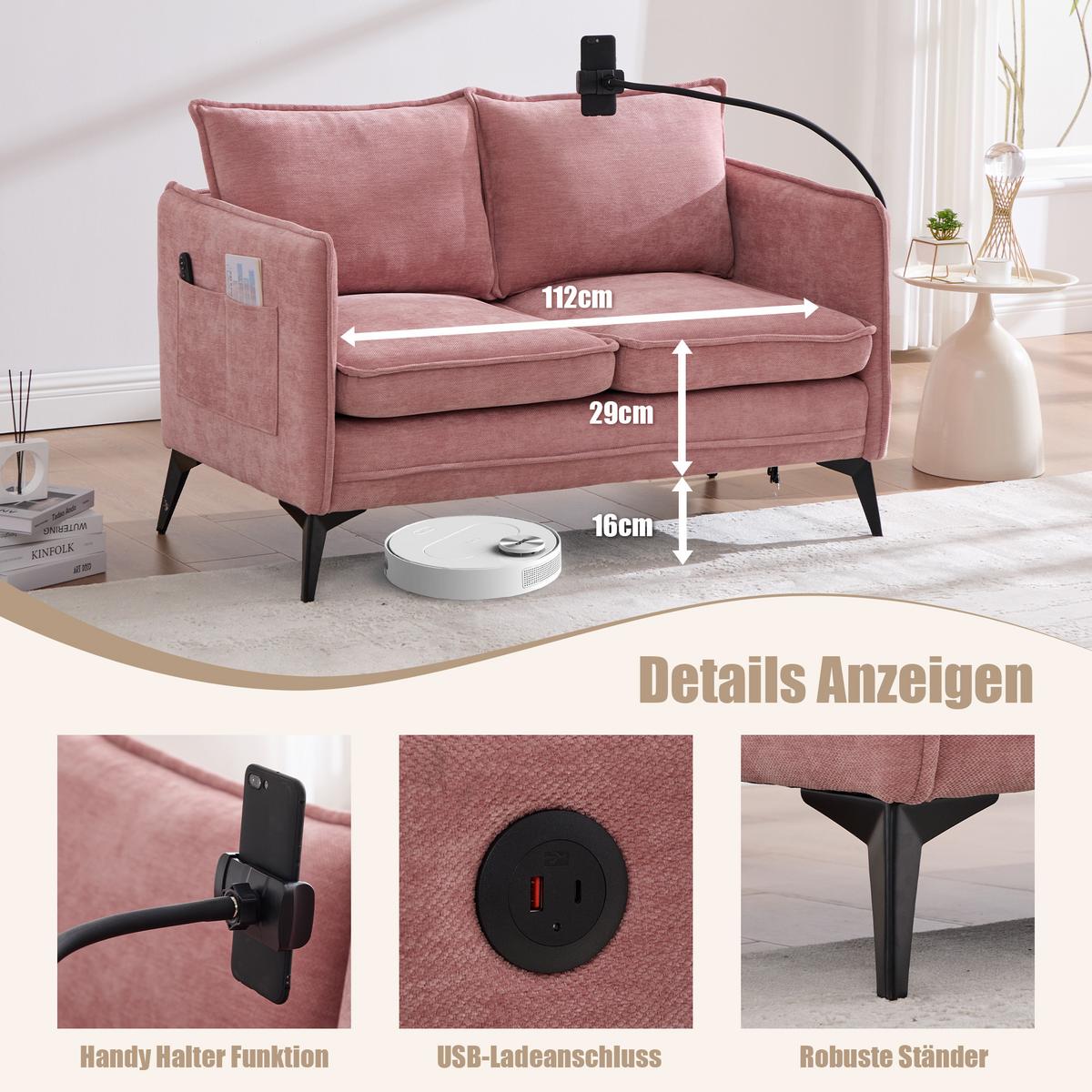 2-SITZER SOFA Chenille Mit Handy-Halter & Seitentaschen - Pink, Textil (127/66/69cm) - Urban Meuble
