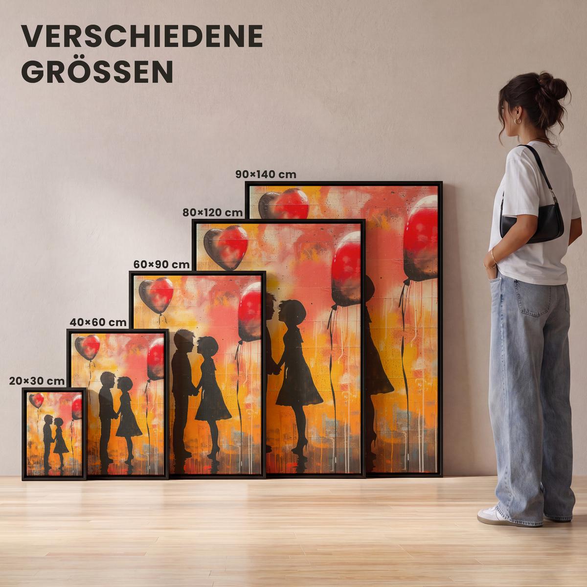 LEINWAND Bilder mit Rahmen - Straßenkunst - Liebe - Graffiti - Kunst - Banksy - 100x150 - Orange, Textil (100/150cm) - MuchoWow