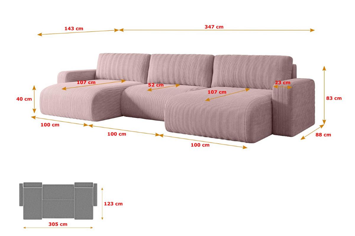 WOHNLANDSCHAFT mit Schlaffunktion und Bettkasten KLEEA-U - 347x143x83 cm Rosa Cord - Schwarz/Rosa, Holzwerkstoff/Kunststoff (347/83/143cm) - ALTDECOR