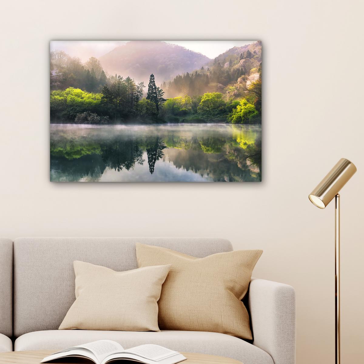 LEINWANDBILD Natur - Bäume - Berge - See - Wasser Gemälde 60x40 cm - Hellgrün, Textil (60/40cm) - MuchoWow