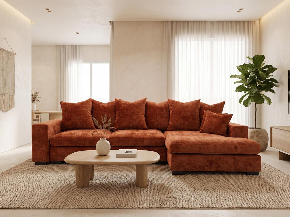 ECKSOFA Dahlia mit Schlaffunktion und Bettkasten in L-Form Rechts - Terrakotta Chenille 285/92/155 cm - Terracotta/Schwarz, Kunststoff/Textil (155/285cm) - WFL GROUP