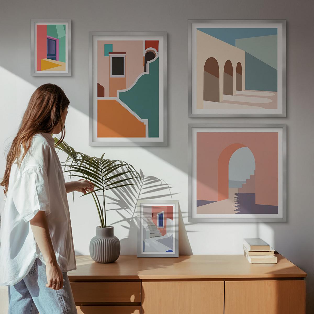 BILDER SET 5er Set - 50x50 cm & 20x30 cm & 40x60 cm Silberner Rahmen - Farbenfrohe moderne Gebäude - Silberfarben, Kunststoff (40/60cm) - TULUP