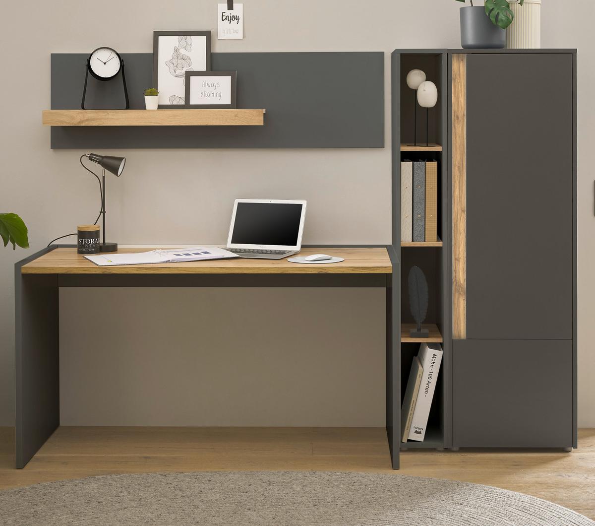 SCHREIBTISCHKOMBINATION 4-teilig grau matt, Eiche Wotan 213 cm, Büromöbel Set mit viel Stauraum - Eichefarben/Eiche Wotan, Holz/Holzwerkstoff (62/213/155cm) - Furn.Design