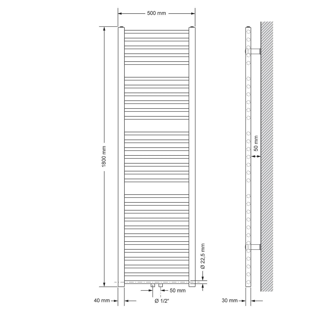 BADHEIZKÖRPER Sahara 500x1800 mm Weiß gerade mit Mittelanschluss - Weiß, Metall (50/180/3cm) - LuxeBath