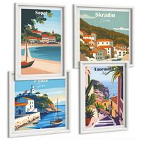 BILDER SET 4er Set - 50x50 cm & 40x60 cm Weißer Rahmen - Illustrationen von Küstenstädten - Weiß, Kunststoff (50/50cm) - TULUP