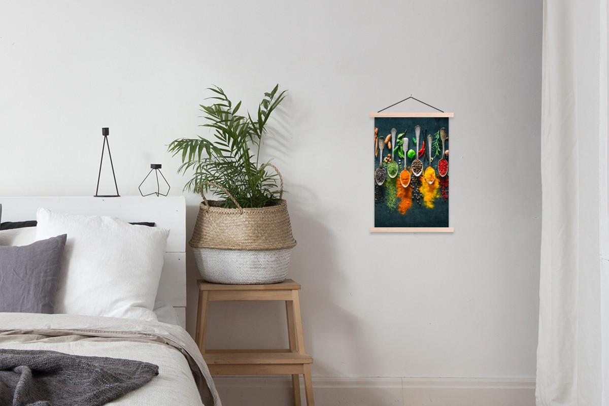 POSTER MIT MAGNETLEISTEN Kräuter - Gewürze - Löffel Deko Wohnzimmer 40x60 cm - Currygelb, Textil (40/60/0.15cm) - MuchoWow