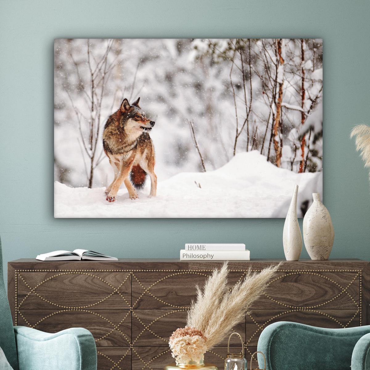 LEINWANDBILD Wolf - Winter - Schnee - Natur - Tiere Wohnzimmer Groß 120x80 cm - Haselnussfarben, Textil (120/80cm) - MuchoWow