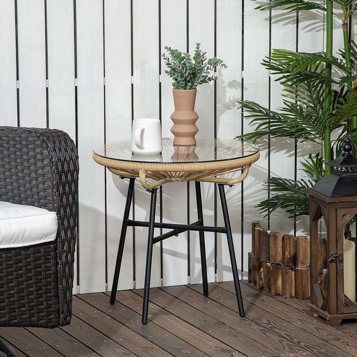 BALKONTISCH, Beige, Eisen, PE-Rattan, Glas - Beige, Kunststoff (50/50/50cm) - Outsunny