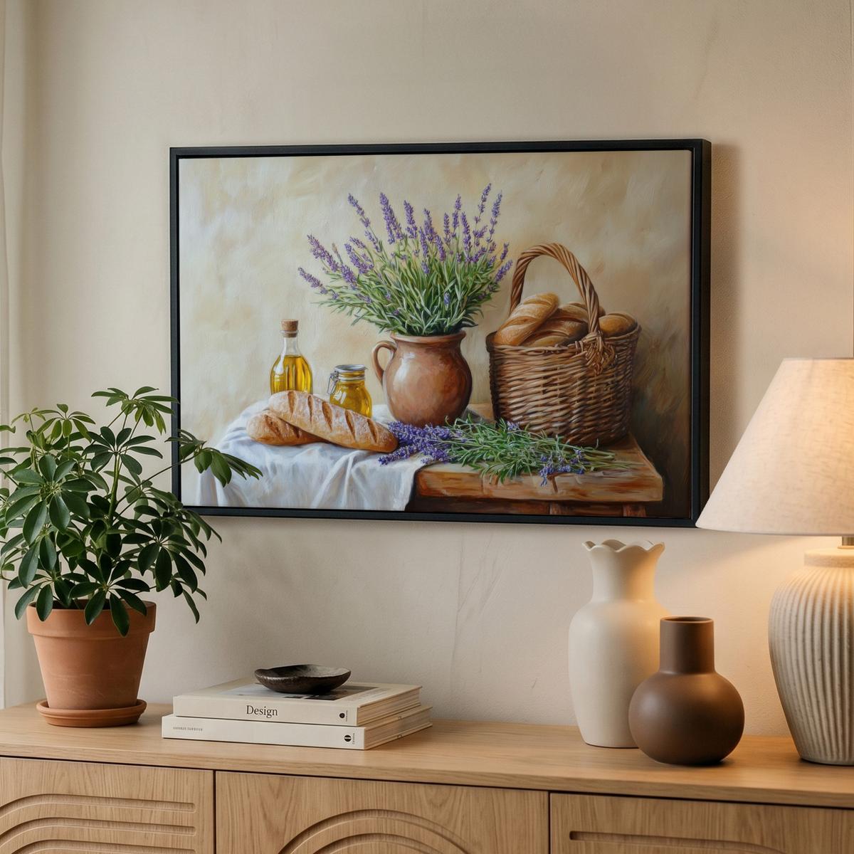 LEINWAND Bilder mit Rahmen - Lavendel - Brot - Stilleben - 60x40 - Flieder, Textil (60/40cm) - MuchoWow