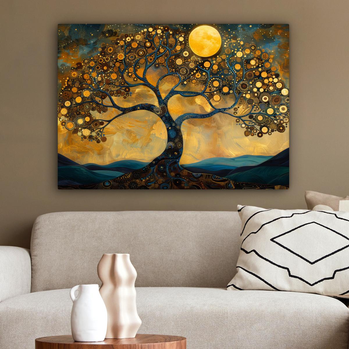 LEINWANDBILD Baum - Mond - Blumen - Gold - Kunst Wandbilder 80x60 cm - Orange, Textil (80/60cm) - MuchoWow