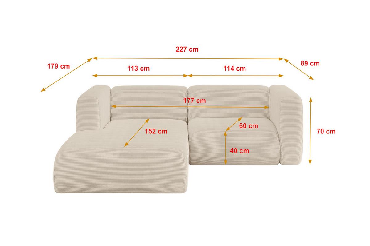 ECKSOFA Ottomane Links MIRA-L1 227x179x89 Beige Cord - Sandfarben/Beige, Holzwerkstoff/Kunststoff (227/179cm) - ALTDECOR