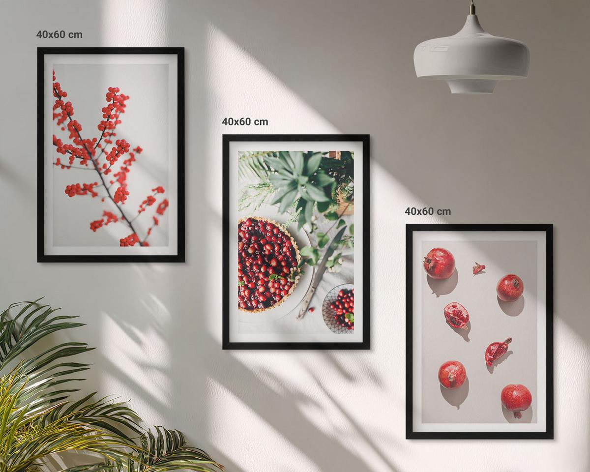 BILDER SET 3er Set - 40x60 cm Schwarzer Rahmen - Minimalismus der roten Früchte von Pflanzen - Schwarz, Kunststoff (40/60cm) - TULUP