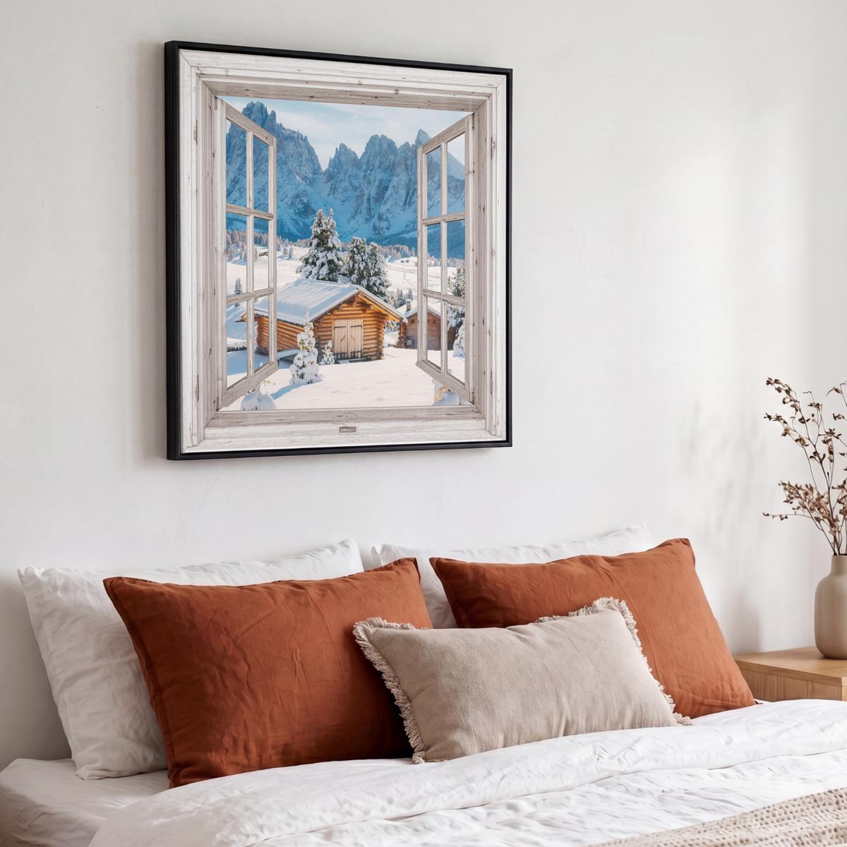 LEINWAND Bilder mit Rahmen - Winterlandschaft - Hütte - Berge - Ausblicke - Aussicht - Natur - 50x50 - Weiß Hochglanz, Textil (50/50cm) - MuchoWow