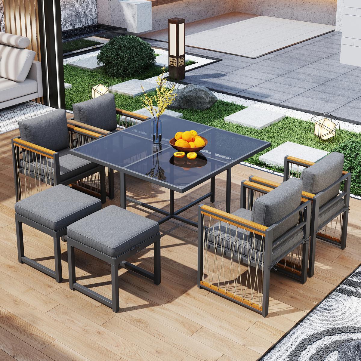 GARTENMÖBEL-SETS mit Sitzkissen 7-teilig - Grau, Glas/Metall - Urban Meuble