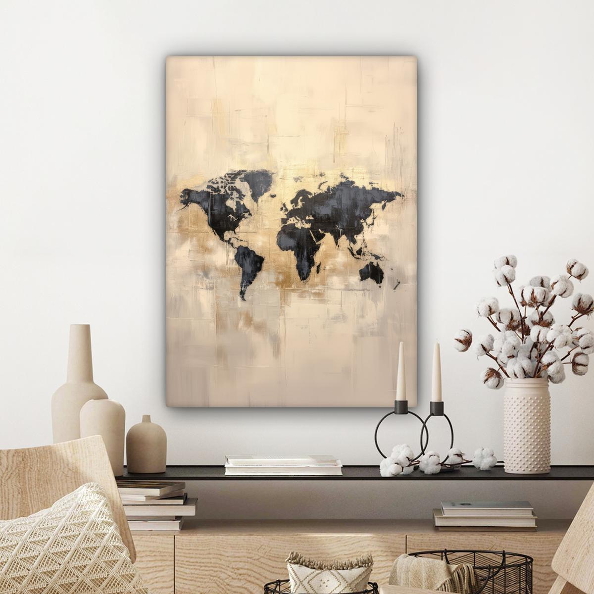 LEINWANDBILD Weltkarte - Gold - Schwarz - Abstrakt Wandbild Wohnzimmer 60x80 cm - Kupferfarben, Textil (60/80cm) - MuchoWow