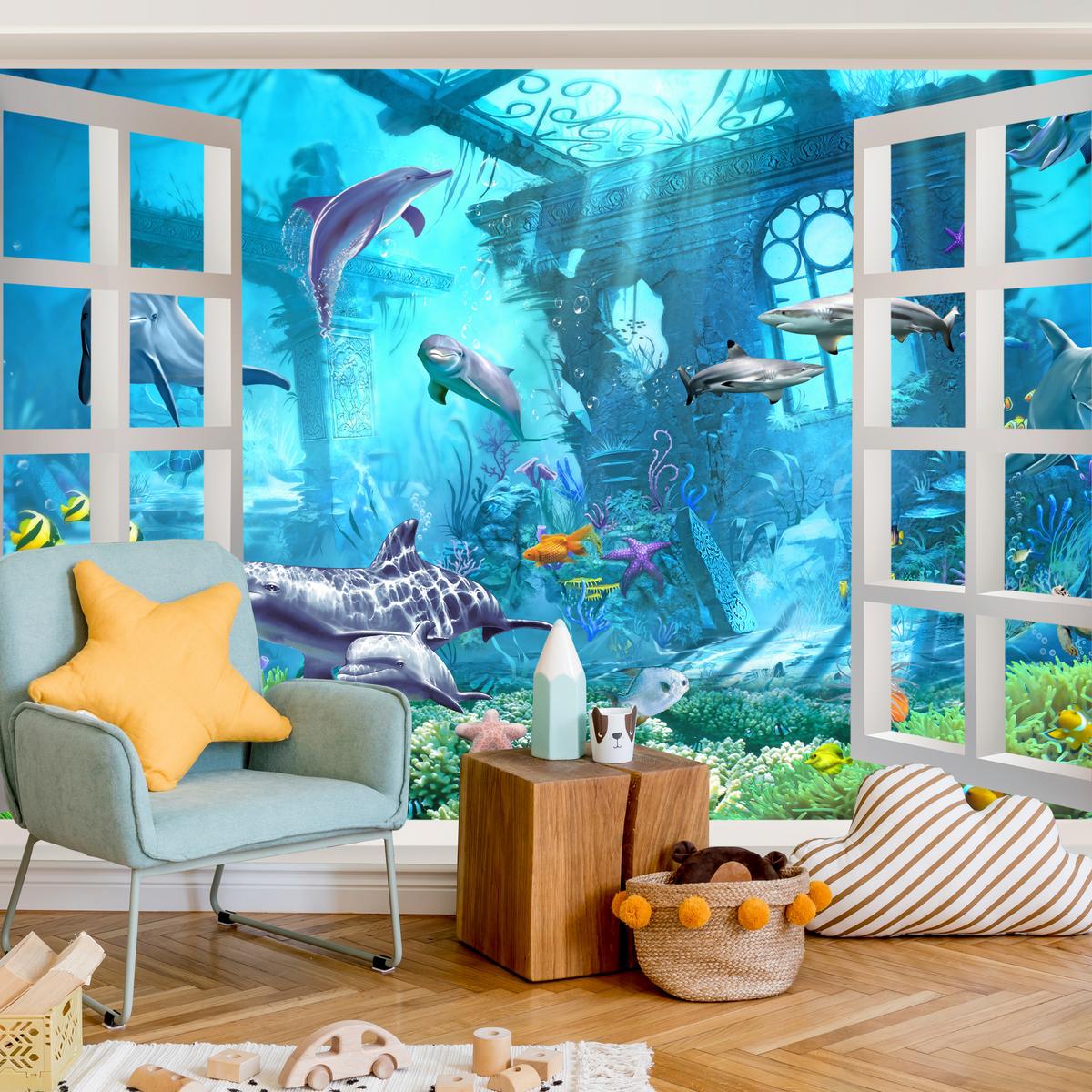FOTOTAPETE für Schlafzimmer Fenster Unterwasserwelt Delfine Riff 450x315 - Blau/Weiß, Papier (450/315cm) - Muralo