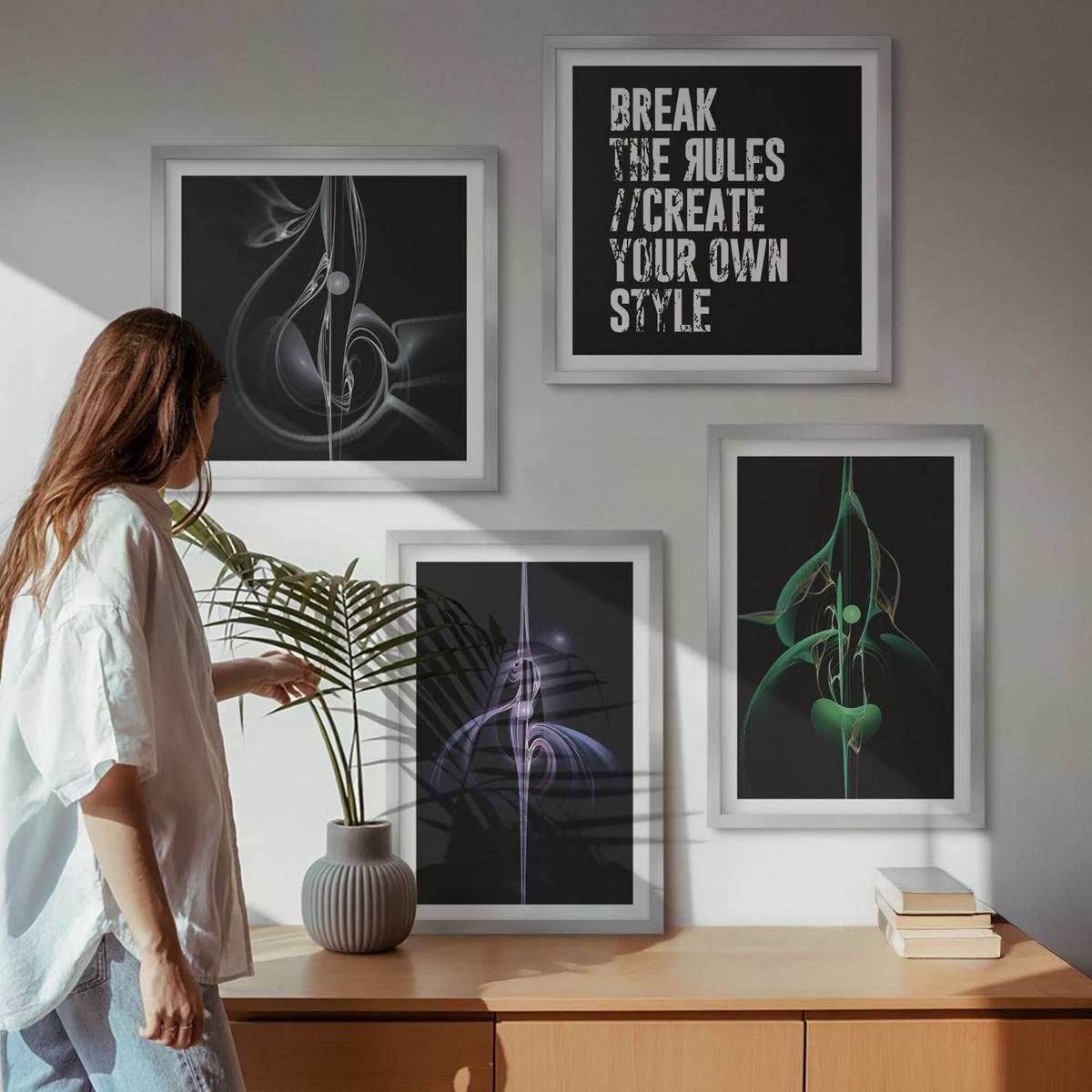 BILDER SET 4er Set - 50x50 cm & 40x60 cm Silberner Rahmen - Abstrakte schwarze Muster - Silberfarben, Kunststoff (50/50cm) - TULUP