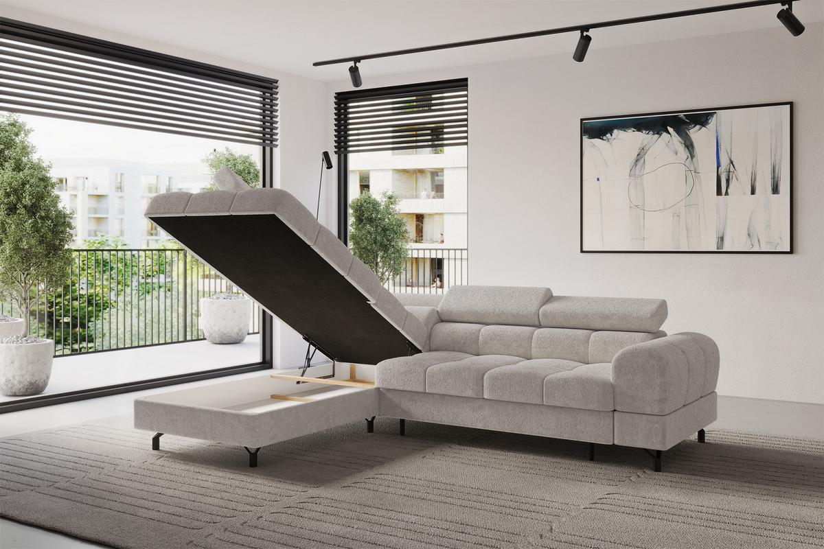 ECKSOFA mit Schlaffunktion Ottomane Links LUMA-L 272x203x70 Hellgrau Velours - Hellgrau/Schwarz, Holzwerkstoff/Kunststoff (272/203cm) - ALTDECOR