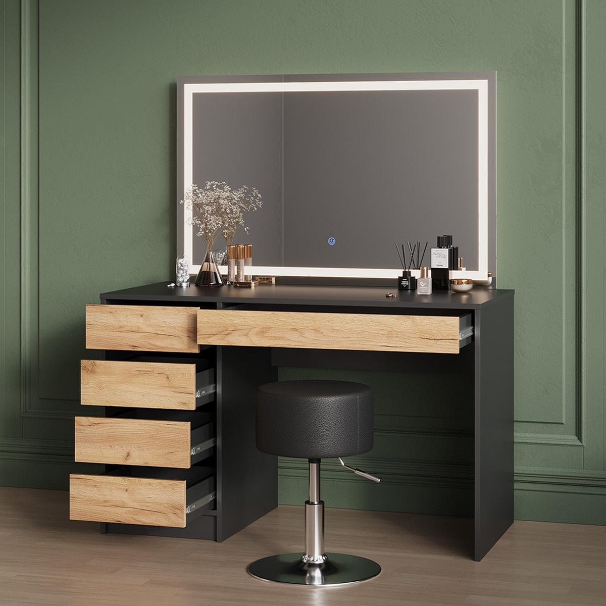 SCHMINKTISCH Imola Anthrazit/Goldkraft Eiche 120 cm mit LED Beleuchtung - Honigeiche/Anthrazit, Holzwerkstoff (120/75/55cm) - Livinity®