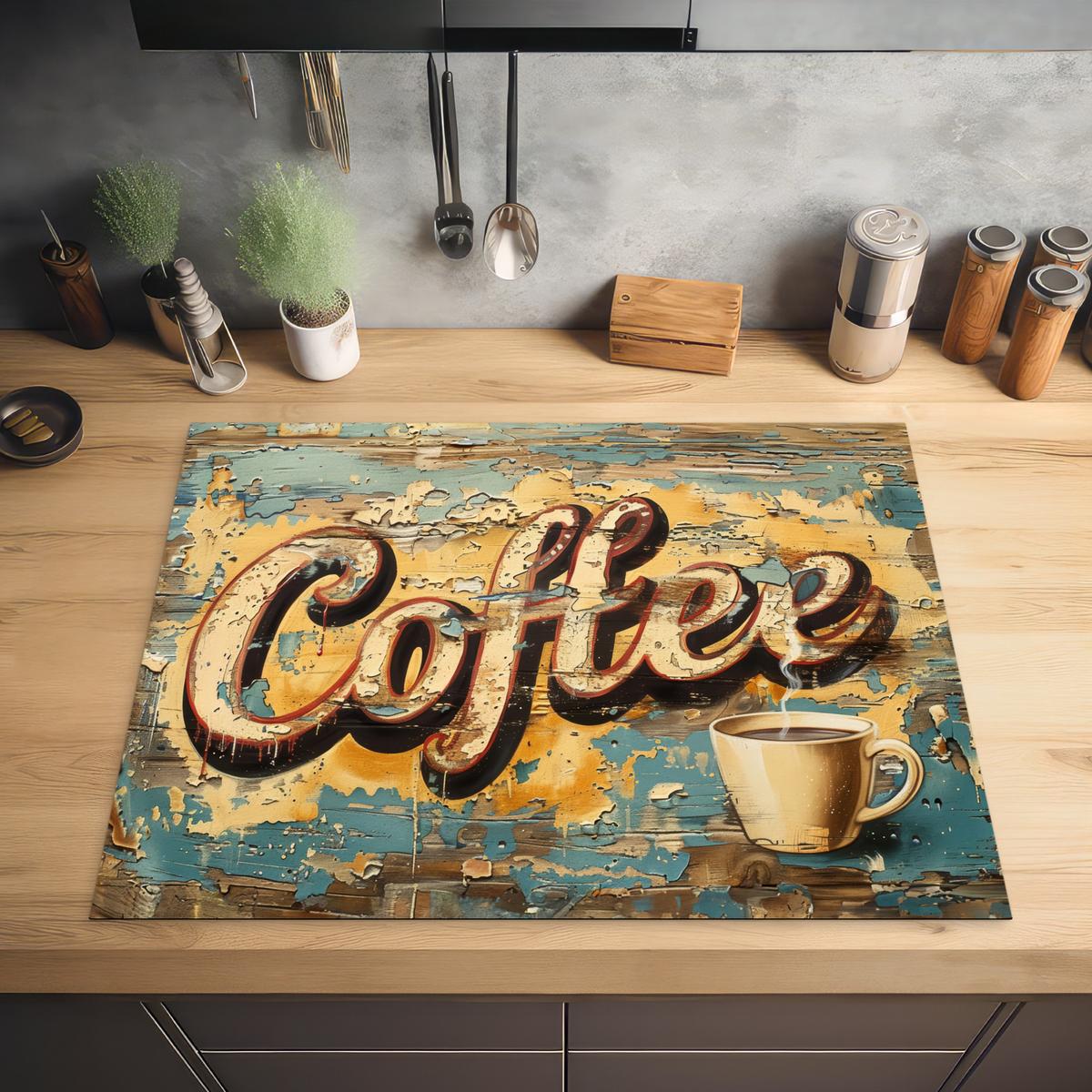 HERDABDECKPLATTE Kaffee - Vintage - Braun - Tasse Induktionsmatte 77x59 cm - Teakfarben, Kunststoff (77/59/0.2cm) - MuchoWow