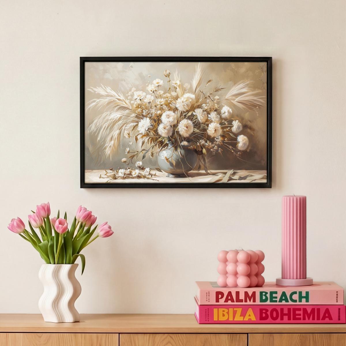 LEINWAND Bilder mit Rahmen - Blumen - Vase - Stilleben - Beige - 30x20 - Creme, Textil (30/20cm) - MuchoWow