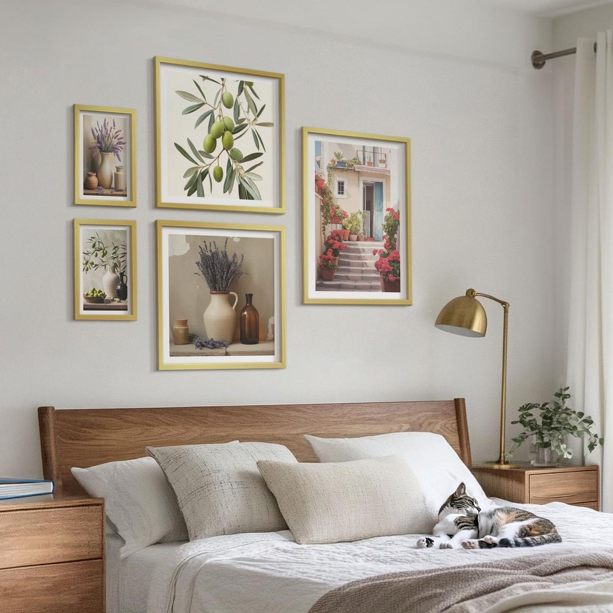 BILDER SET 5er Set - 50x50 cm & 20x30 cm & 40x60 cm Goldrahmen - Oliven in Keramikgrau - Goldfarben, Kunststoff (40/60cm) - TULUP