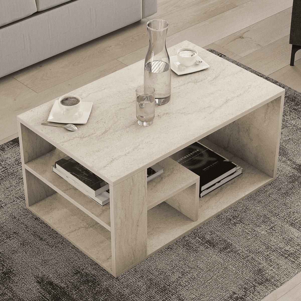 COUCHTISCH mit regalböden, travertin-dekor - eros 80/40/50 cm - Beige, Holzwerkstoff (56/40/50cm) - Calicosy