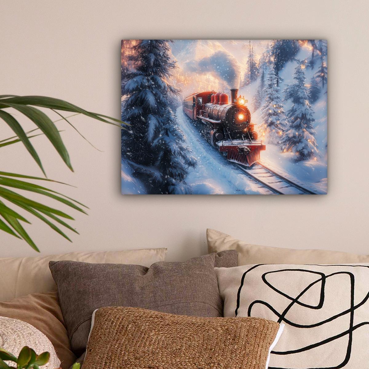 LEINWANDBILD Weihnachtszug - Schnee - Winter - Weihnachten Wandbild 40x30 cm - Dunkelrot, Textil (40/30cm) - MuchoWow