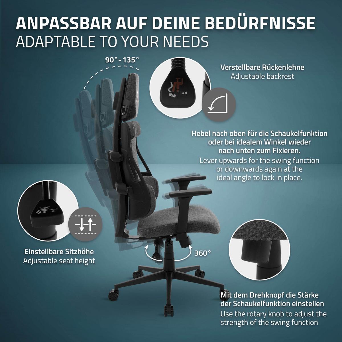 GAMINGSTUHL mit Stoffbezug in Grau Individuell Einstellbar - Schwarz/Grau, Kunststoff/Textil (69/142/68cm) - ML-DESIGN