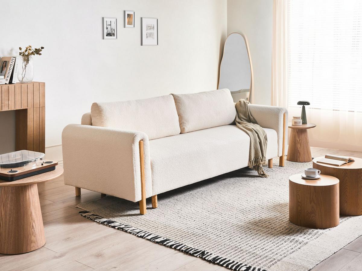SCHLAFSOFA 3-Sitzer Bouclé Cremeweiß mit Stauraum Kvam - Creme, Textil (242/85/99cm) - Beliani
