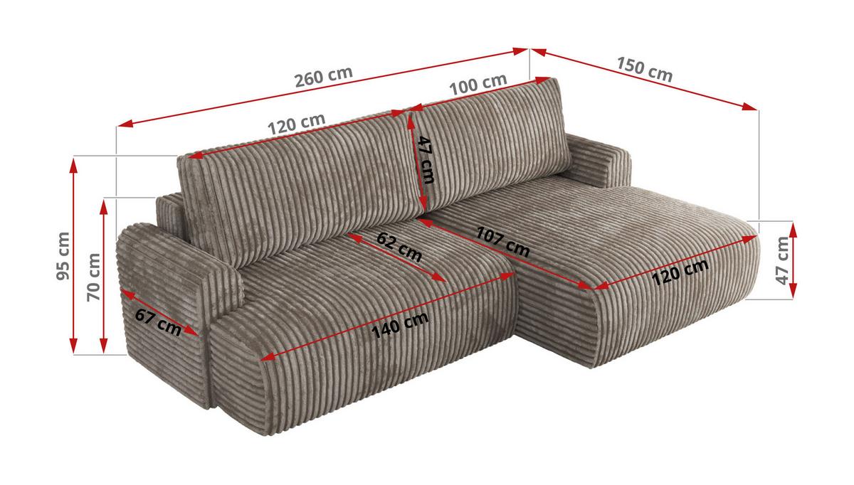 ECKSCHLAFSOFA TONO L Hellbraun Cord - links - Hellbraun/Schwarz, Kunststoff/Textil (260/150cm) - MKS