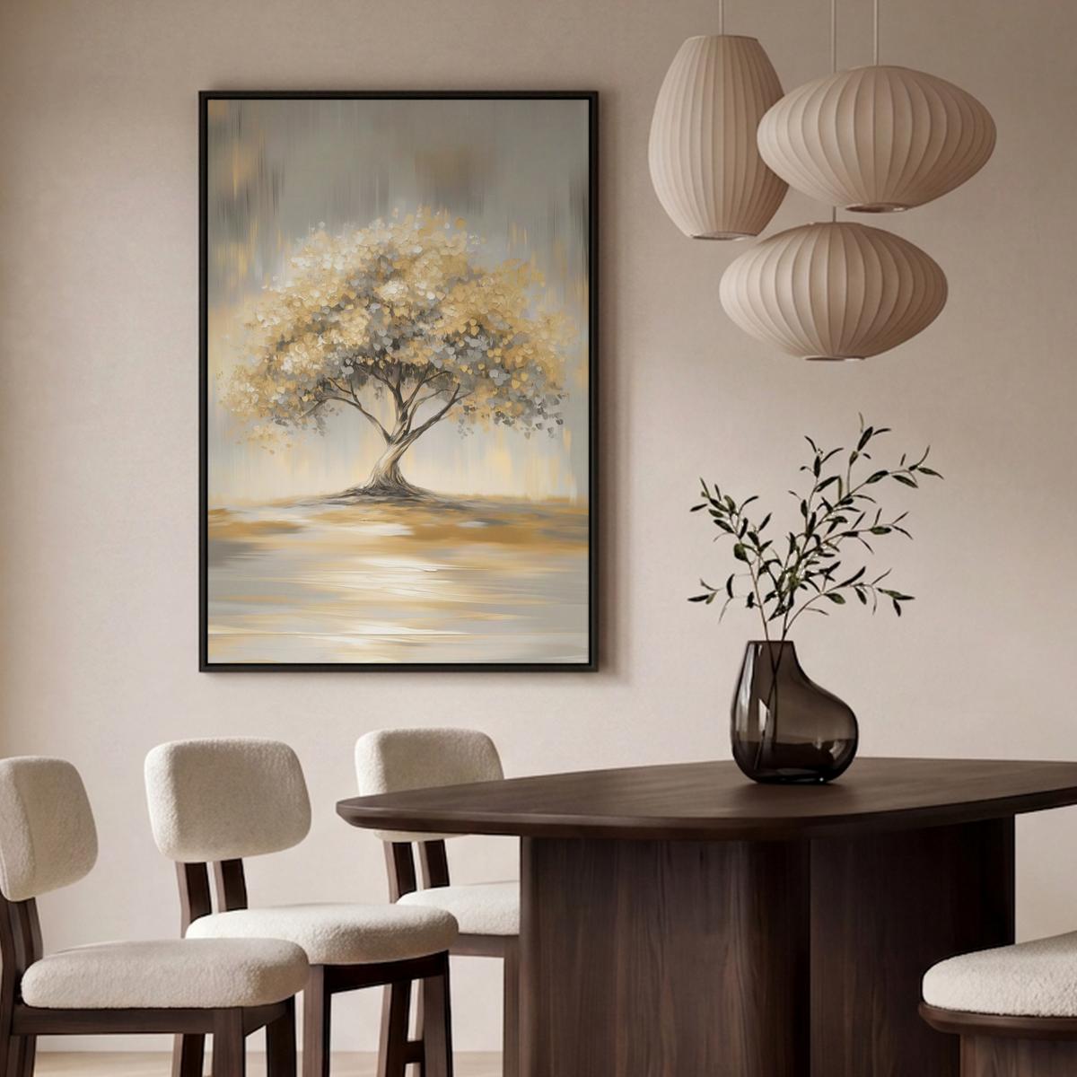 LEINWAND Bilder mit Rahmen - Gemälde - Baum - Abstrakt - Blätter - 100x150 - Beige, Textil (100/150cm) - MuchoWow