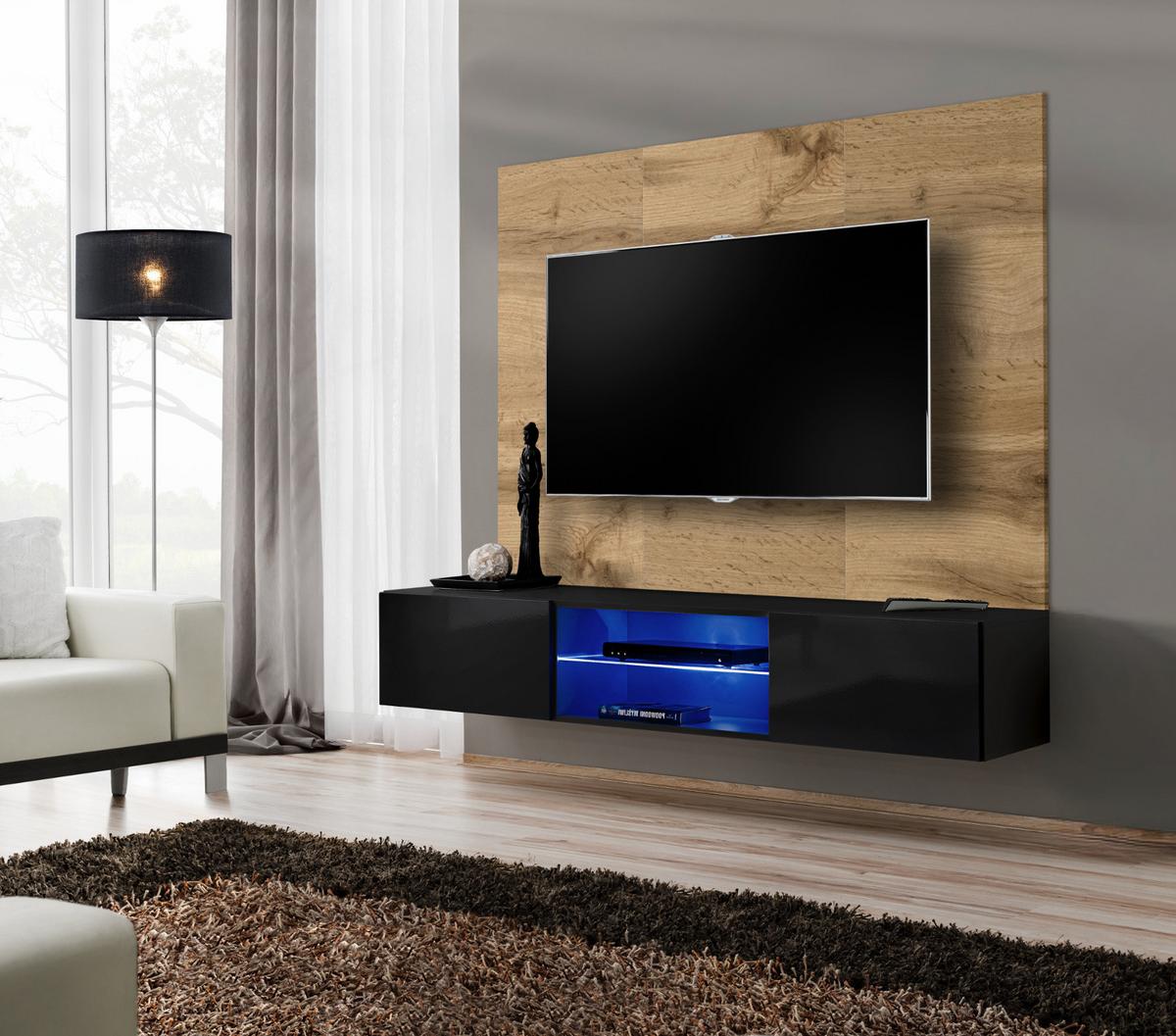 TV-LOWBOARD Eiche Wotan und schwarz 180 cm hängend, Set inklusive LED-Beleuchtung - Eiche Wotan/Schwarz, Glas/Holzwerkstoff (180/148/40cm) - Inn.Furn
