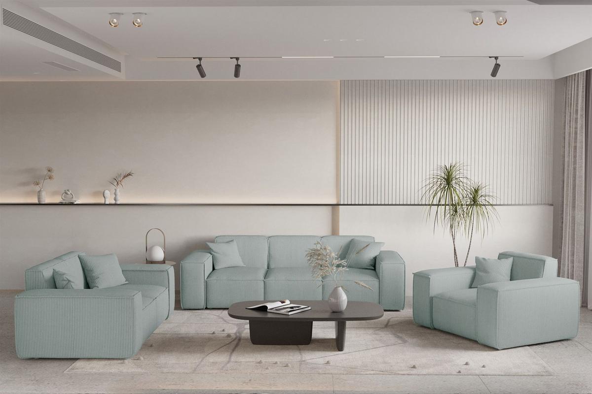 SOFASET Celes Premium 3-2-1 Stoff Scala - Pastellblau, Holzwerkstoff/Textil (225/73/88cm) - Fun Möbel