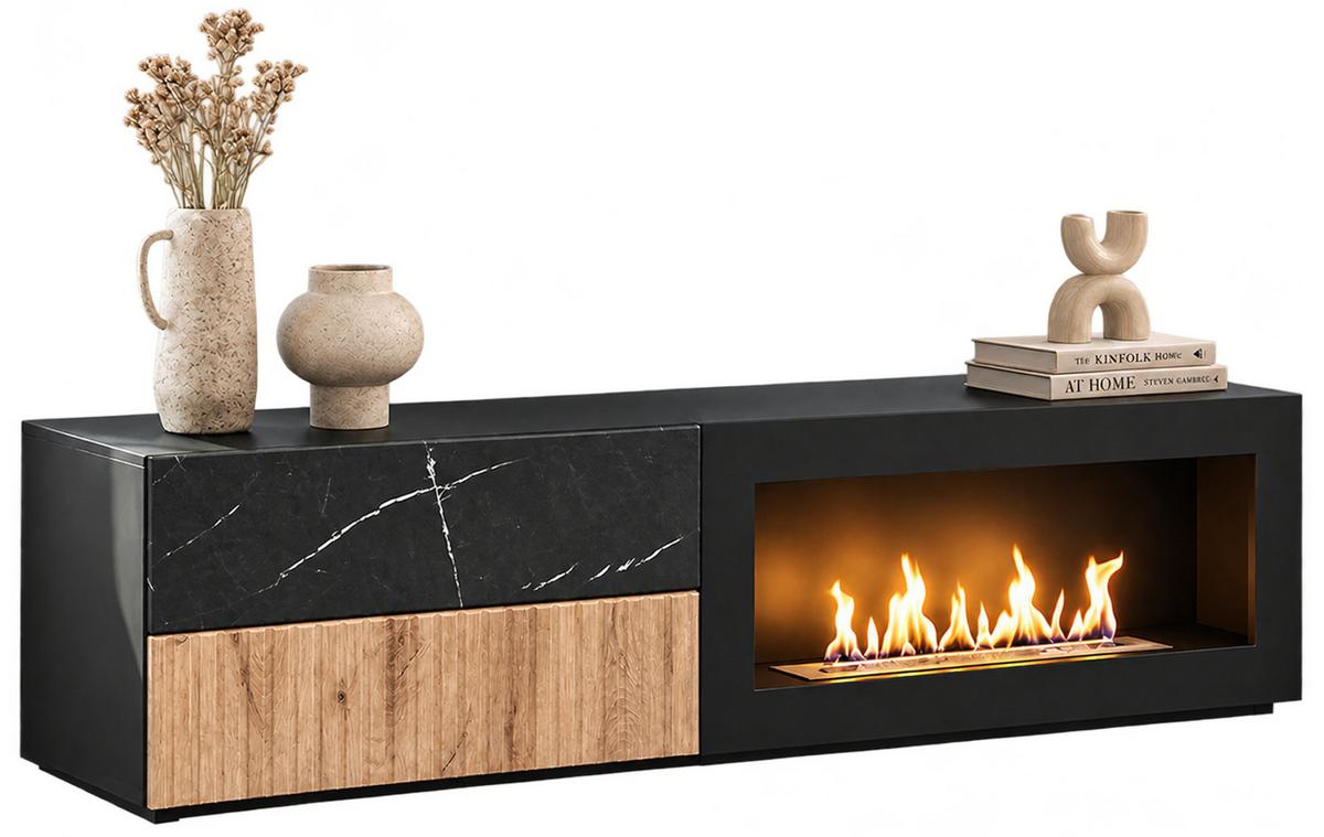 TV-LOWBOARD schwarz, Vicking Eiche, Marmor schwarz 160 x 42 cm, TV Unterteil mit Ethanol Kamin - Eichefarben/Schwarz, Holzwerkstoff/Kunststoff (160/42/45cm) - Inn.Furn