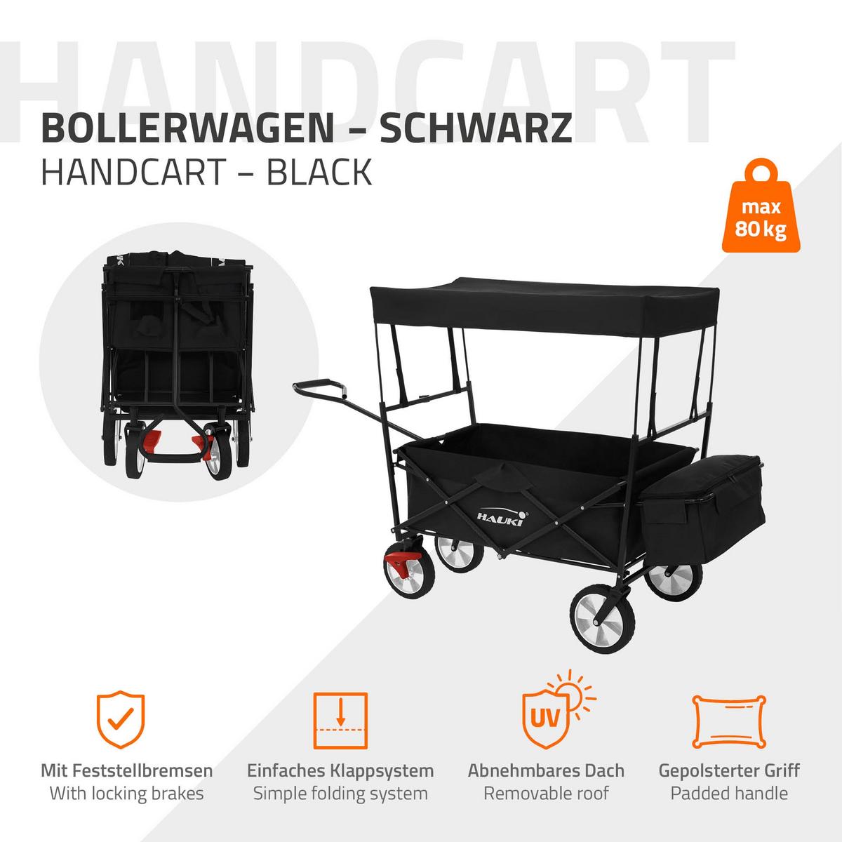 BOLLERWAGEN faltbar mit Dach L Schwarz Handwagen für Kinder Strand Picknick - Schwarz, Metall (53/104/170cm) - Hauki