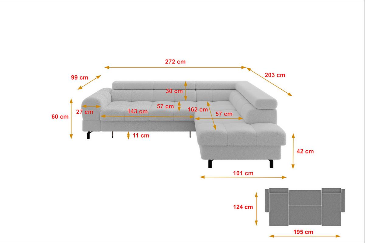 ECKSOFA mit Schlaffunktion Ottomane Rechts LUMA-L 272x203x70 Hellgrau Bouclé - Hellgrau/Schwarz, Holzwerkstoff/Kunststoff (203/272cm) - ALTDECOR
