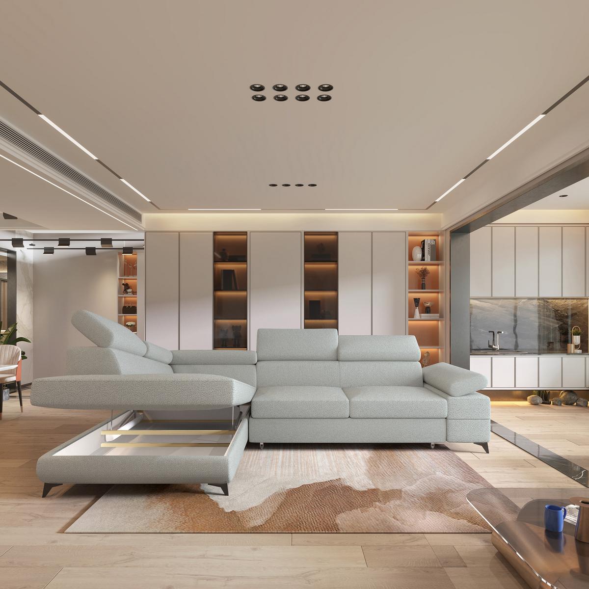 ECKSOFA FAVIEN L-S Hellgrau Boucle-Stoff mit Schlaffunktion - Hellgrau, Holz (257/190cm) - MASSENO