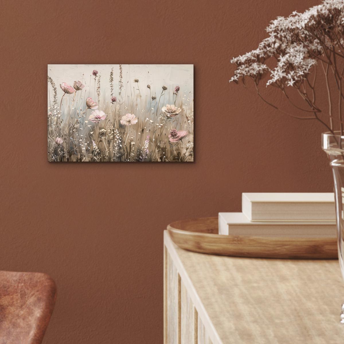 METALLBILD Blumen - Rosa - Modern - Beige 30x20 cm - Beige, Metall (30/20cm) - MuchoWow