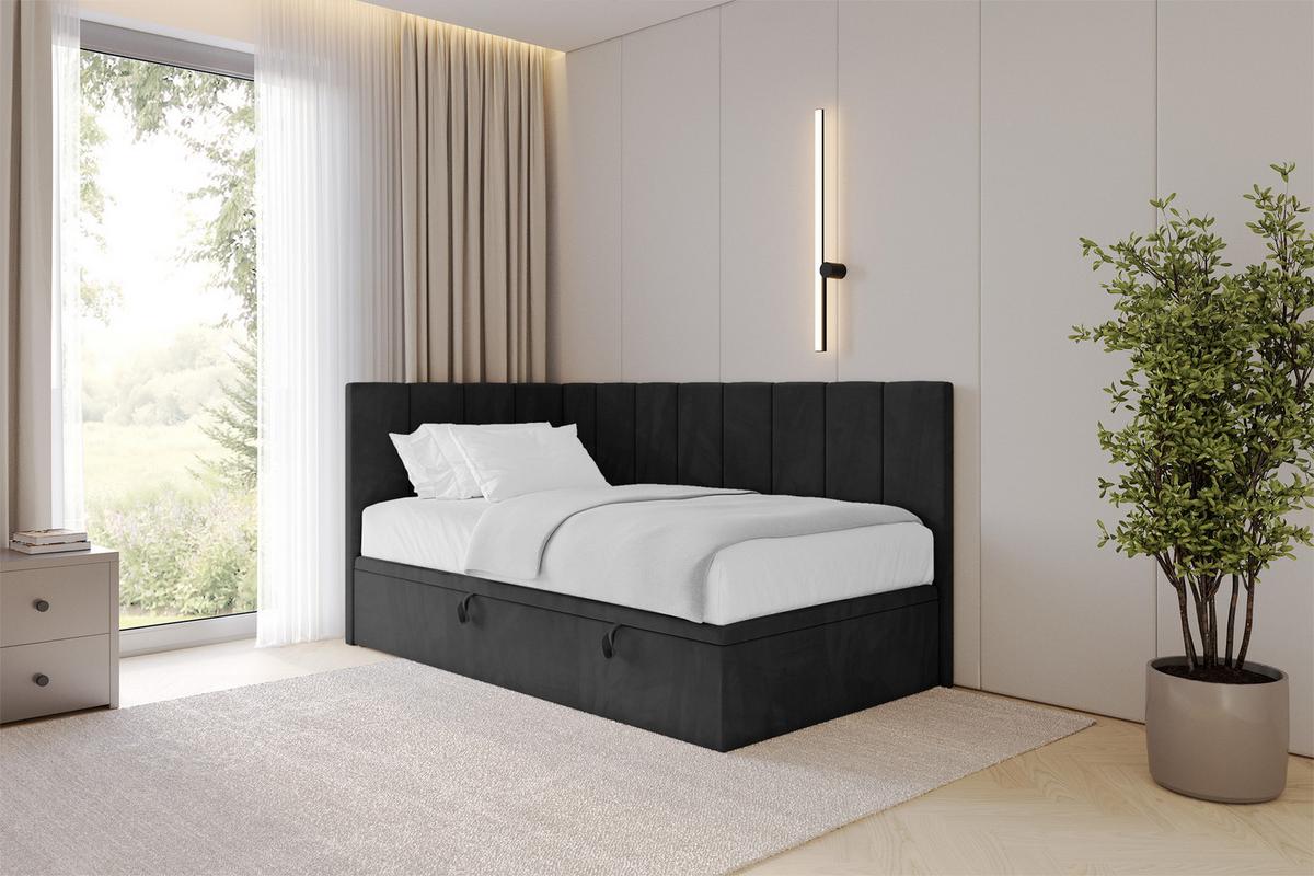 EINZELBETT Jugendbett mit Bettkasten Rechts, ohne Matratze - LOVY 80x200 Schwarz - Schwarz, Holzwerkstoff/Textil (80/200cm) - ALTDECOR